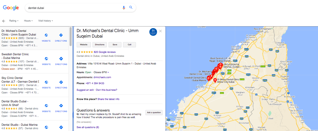 a business listing of a dental clinic on google map