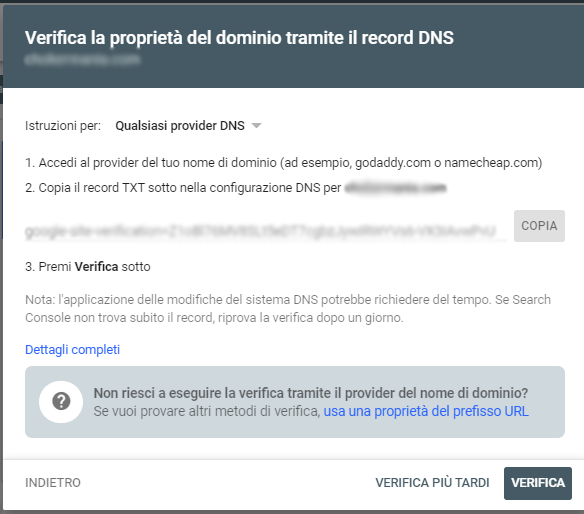 come impostare la google search console step 2 domain property